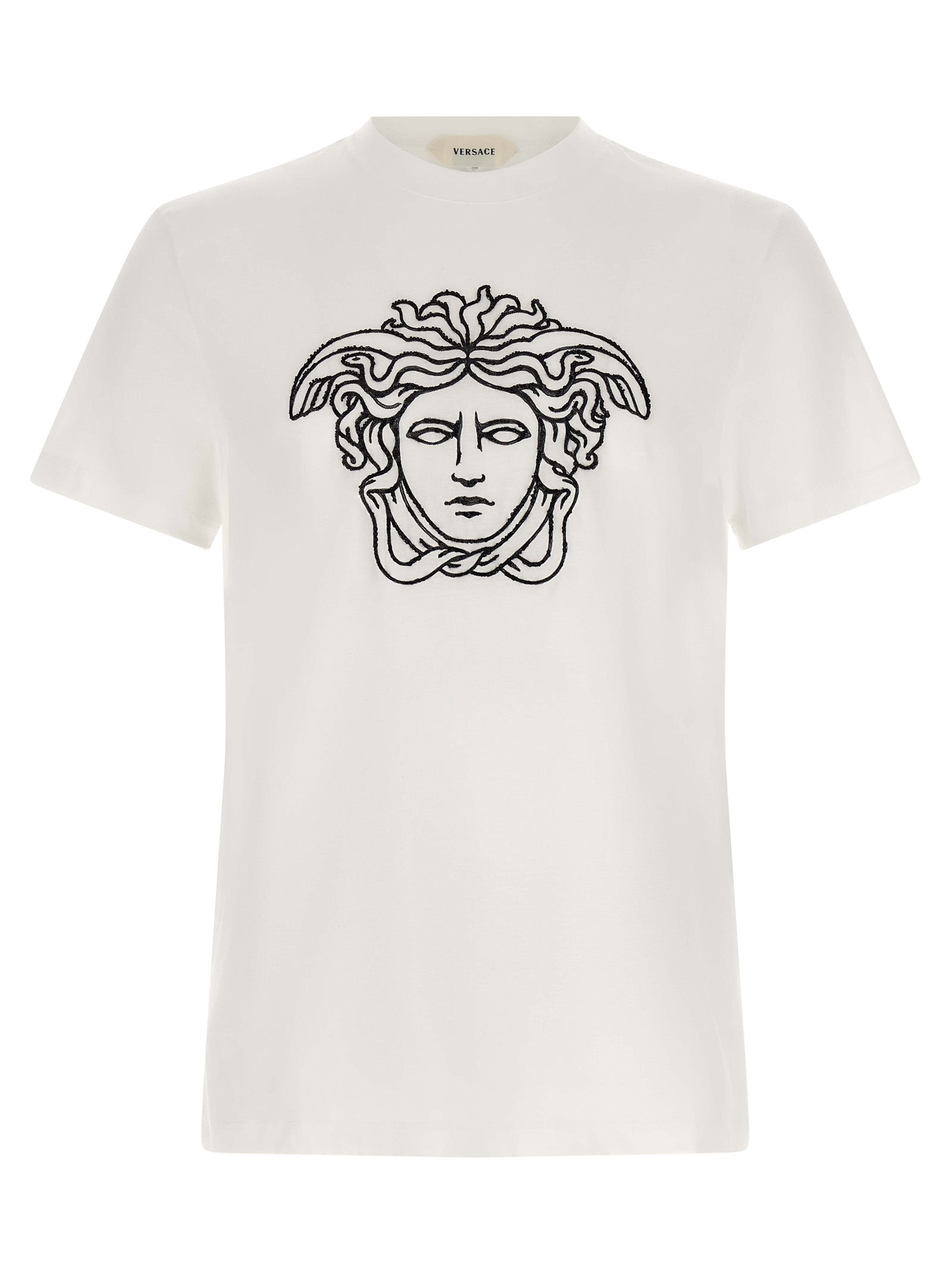 T-shirt en coton bicolore Versace, coupe classique avec logo emblématique, en blanc et noir, pour un style élégant.