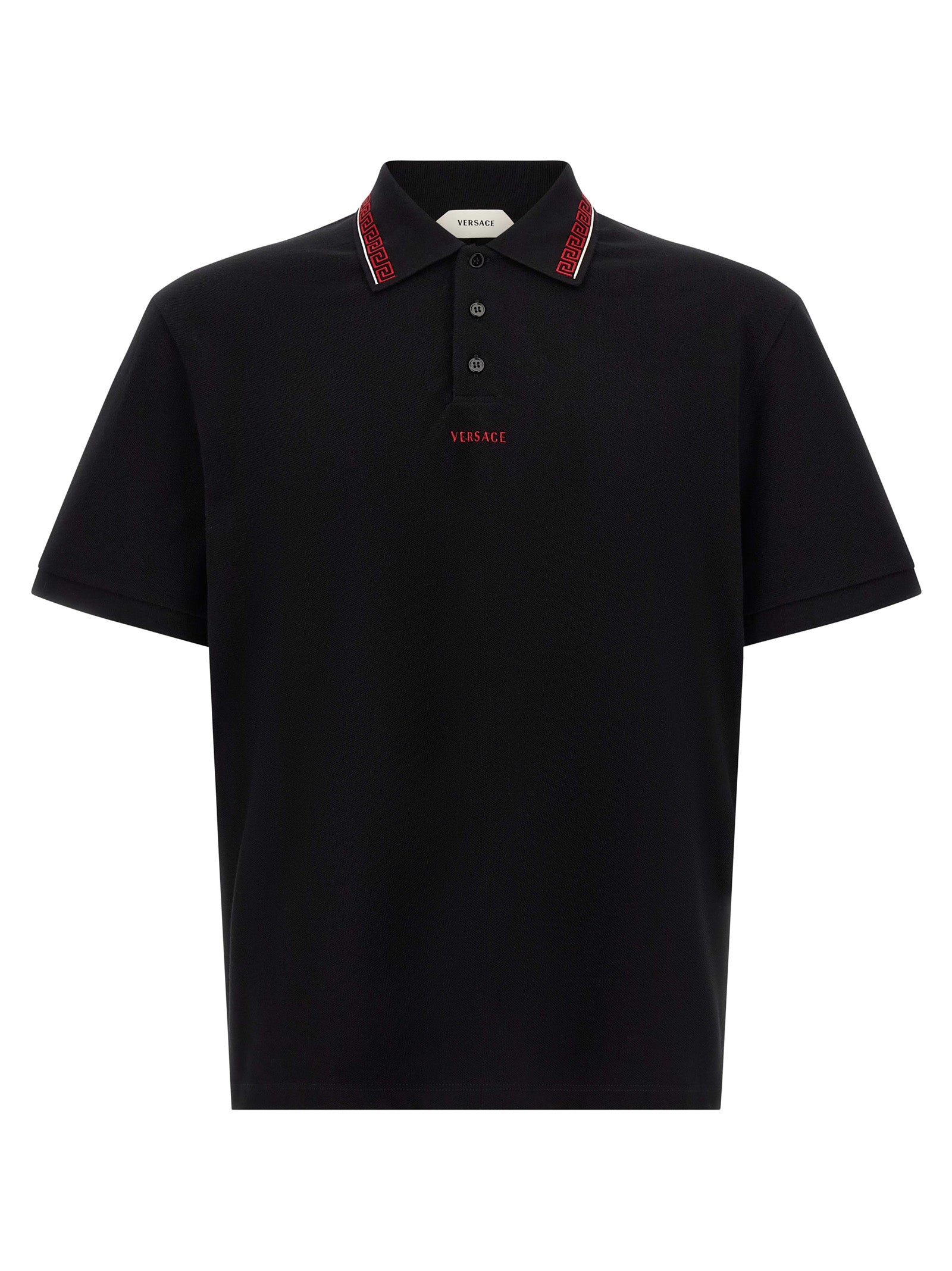 Chemise polo noire en coton de la marque Versace, avec logo distinctif visible sur la poitrine.