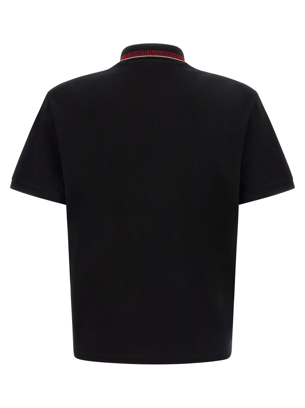 Chemise polo en coton noir de la marque Versace, style élégant avec logo distinctif, vue de face sur fond neutre.