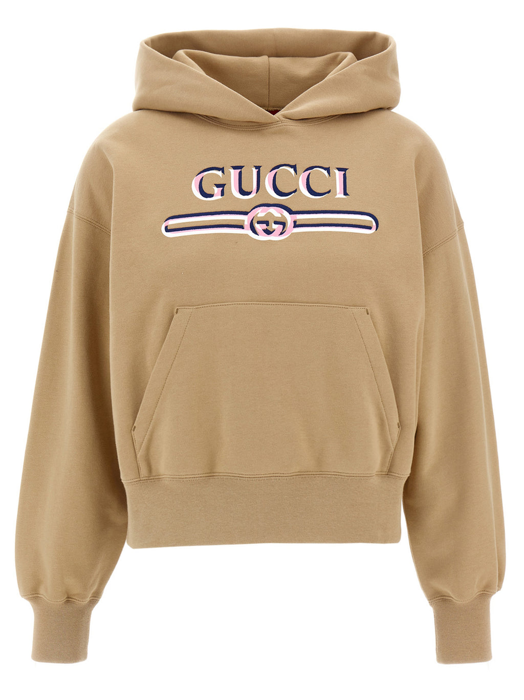 Sweat à capuche en coton beige Gucci avec logo Gucci visible, douceur et style pour un look décontracté et luxueux.