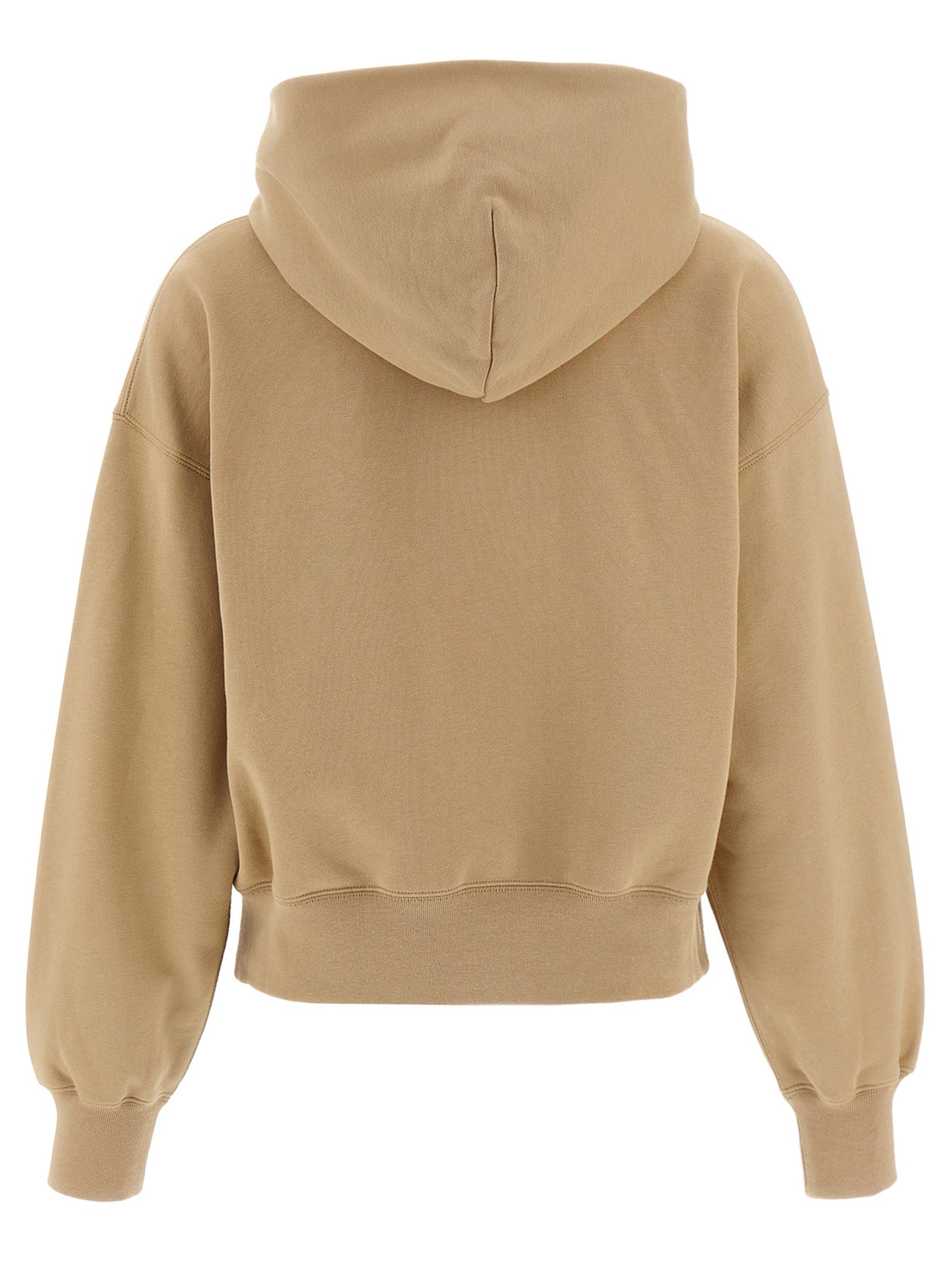 Sweat à capuche en coton beige Gucci, vue de face, avec logo Gucci visible sur la poitrine.