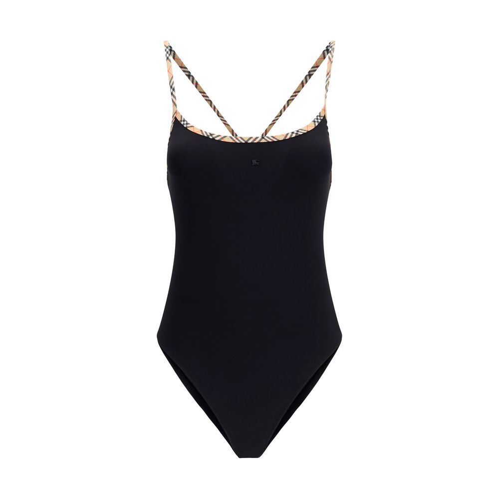 Maillot de bain une pièce noir en polyamide Burberry, avec logo et design élégant visible sur le devant.