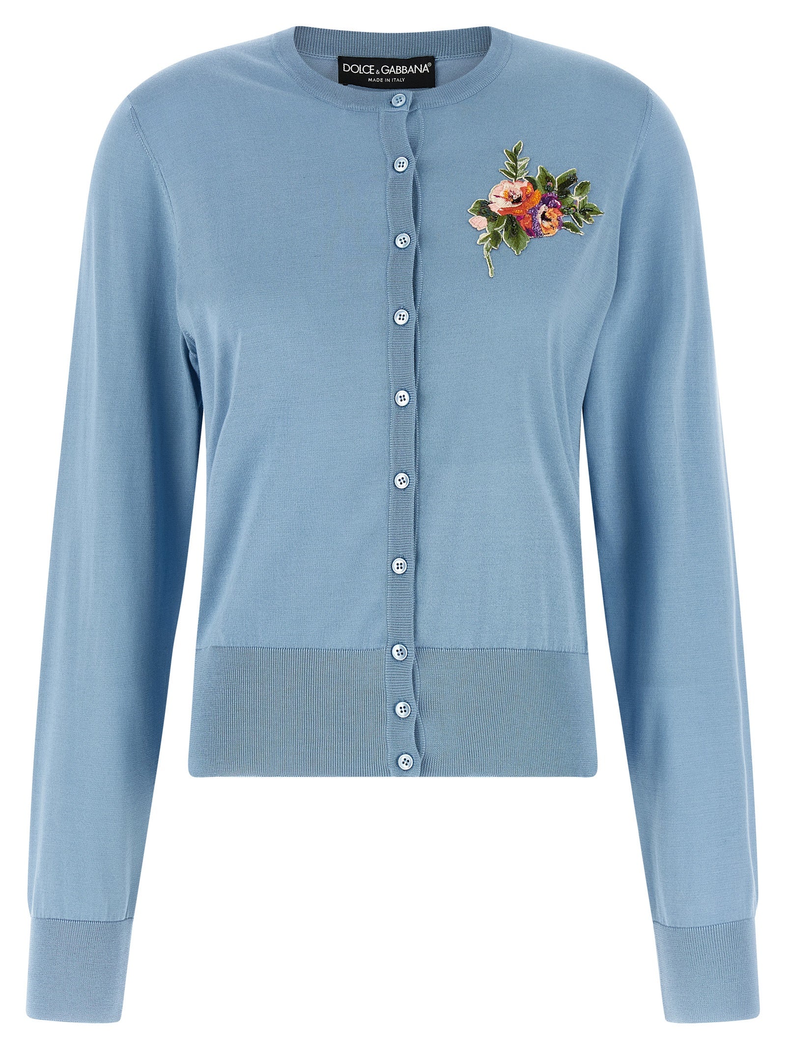 Cardigan en soie bleue Dolce & Gabbana avec boutons et manches longues, élégance sophistiquée pour femme.