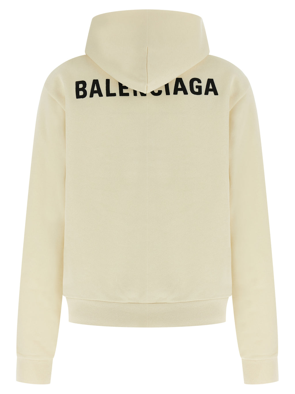 Sweatshirt en coton beige de Balenciaga, design épuré et style moderne, porté par un mannequin.