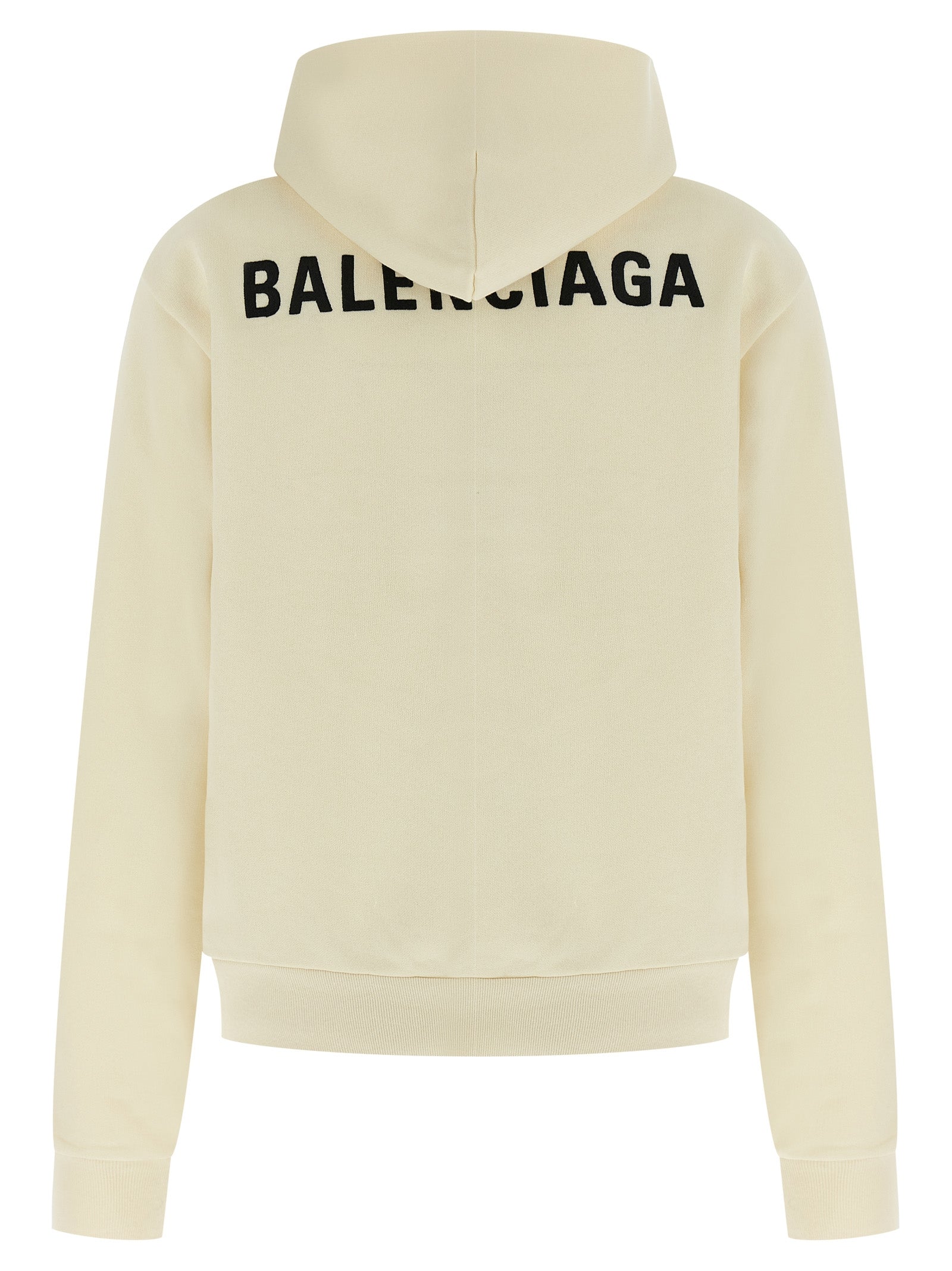 Sweatshirt en coton beige de Balenciaga, design épuré et style moderne, porté par un mannequin.