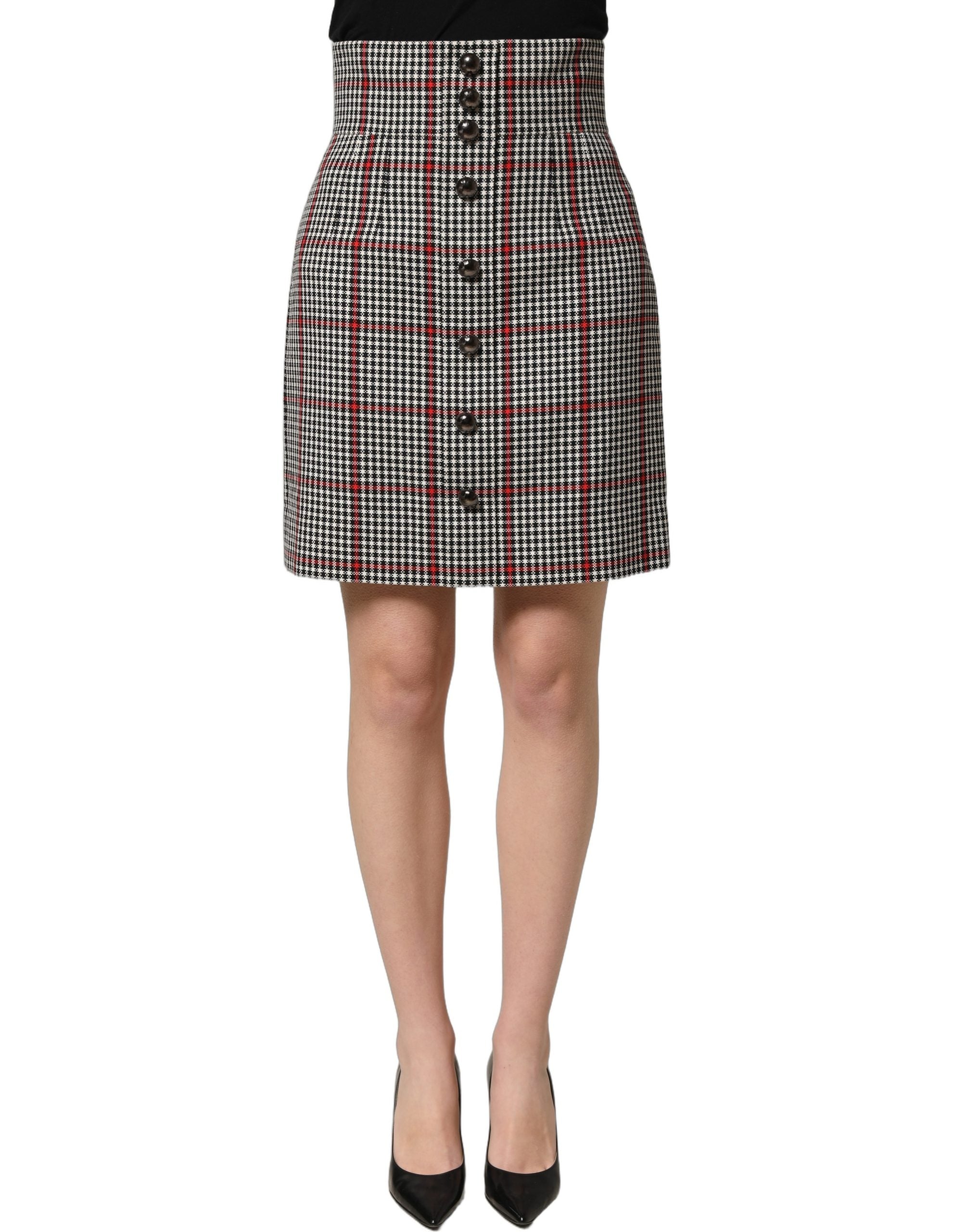 Jupe courte à carreaux gris Dolce & Gabbana, taille haute, style A-line, parfaite pour un look élégant et moderne.