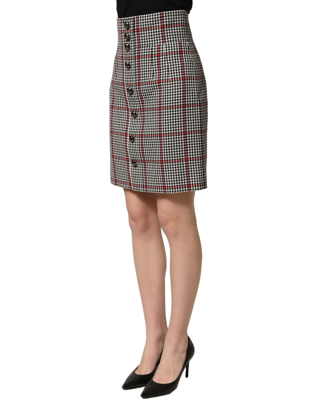 Jupe courte en coton à carreaux gris, taille haute et coupe évasée, de la marque Dolce & Gabbana.