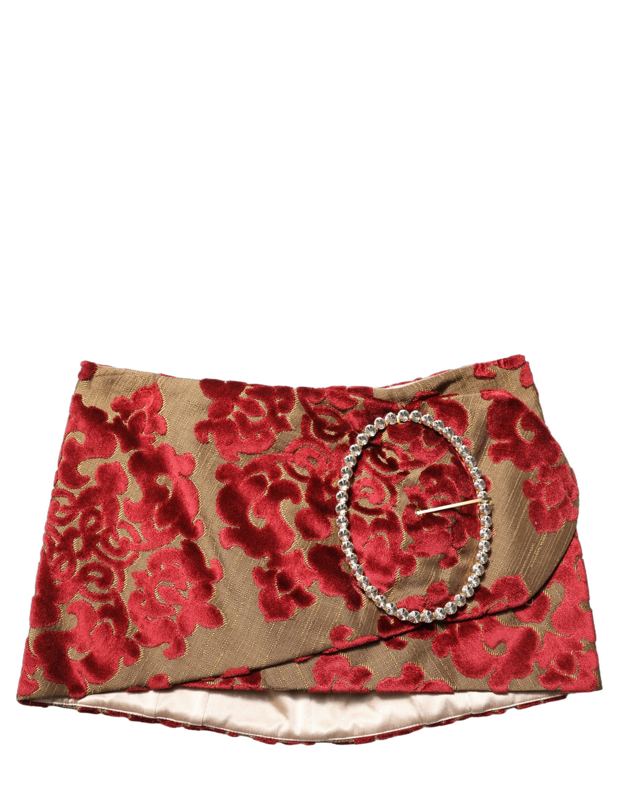 Mini jupe Dolce & Gabbana en jacquard floral bordeaux avec strass, élégante et tendance.