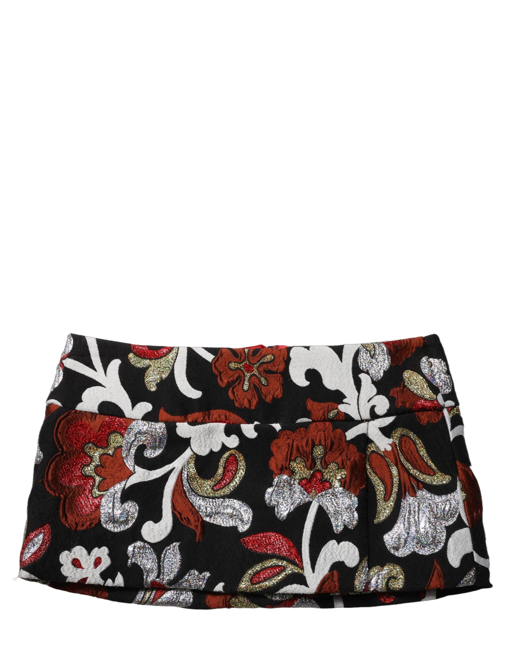 Jupe courte à taille moyenne Dolce & Gabbana en jacquard floral noir, style élégant et moderne.