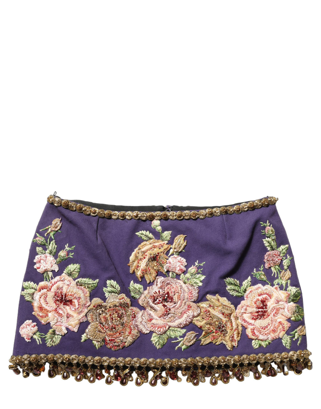 Jupe courte à taille moyenne Dolce & Gabbana, ornée de fleurs violettes et de détails embellis, style élégant et féminin.