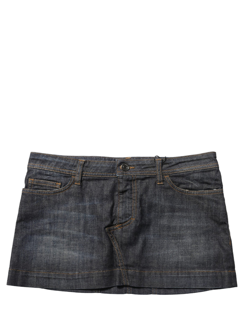 Mini jupe en jean noire en coton et spandex de Dolce & Gabbana, taille basse, vue de face.