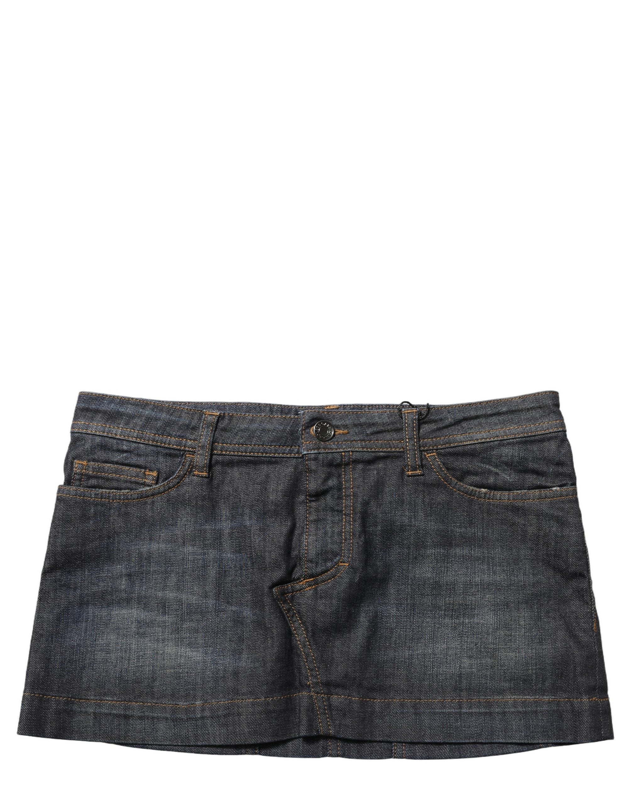Mini jupe en jean noire en coton et spandex de Dolce & Gabbana, taille basse, vue de face.