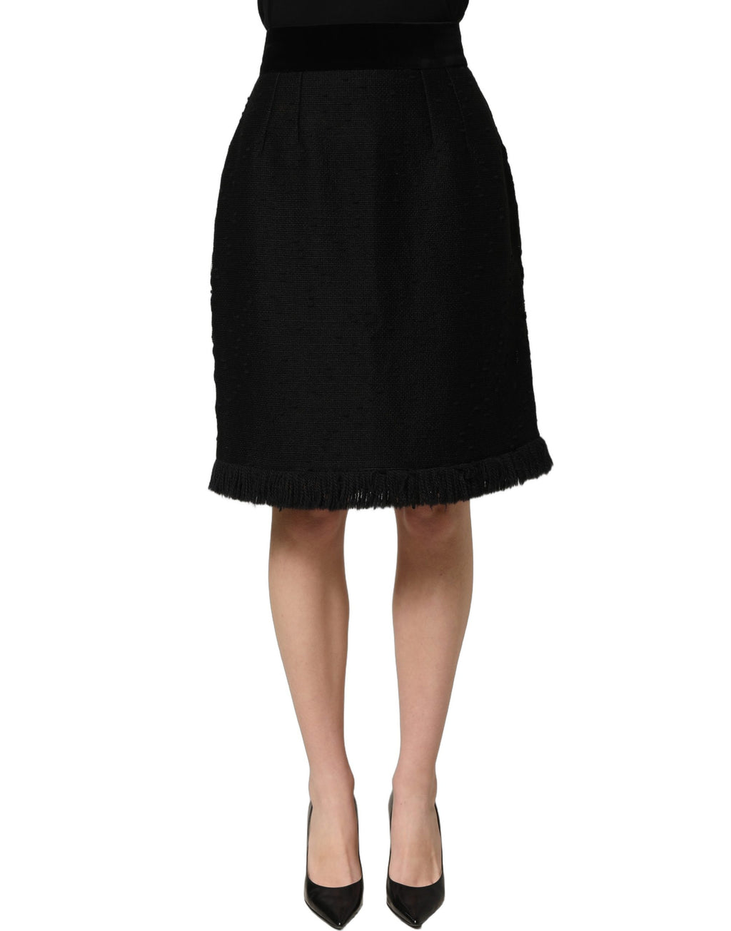 Jupe noire à taille haute Dolce & Gabbana, coupe pencil, longueur au genou, en tissu élégant et sophistiqué.