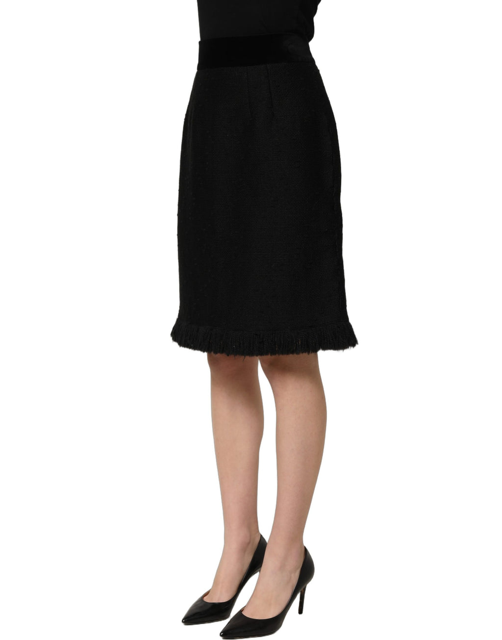 Jupe noire Dolce & Gabbana taille haute coupe crayon longueur genou, élégante et sophistiquée, en tissu fluide.
