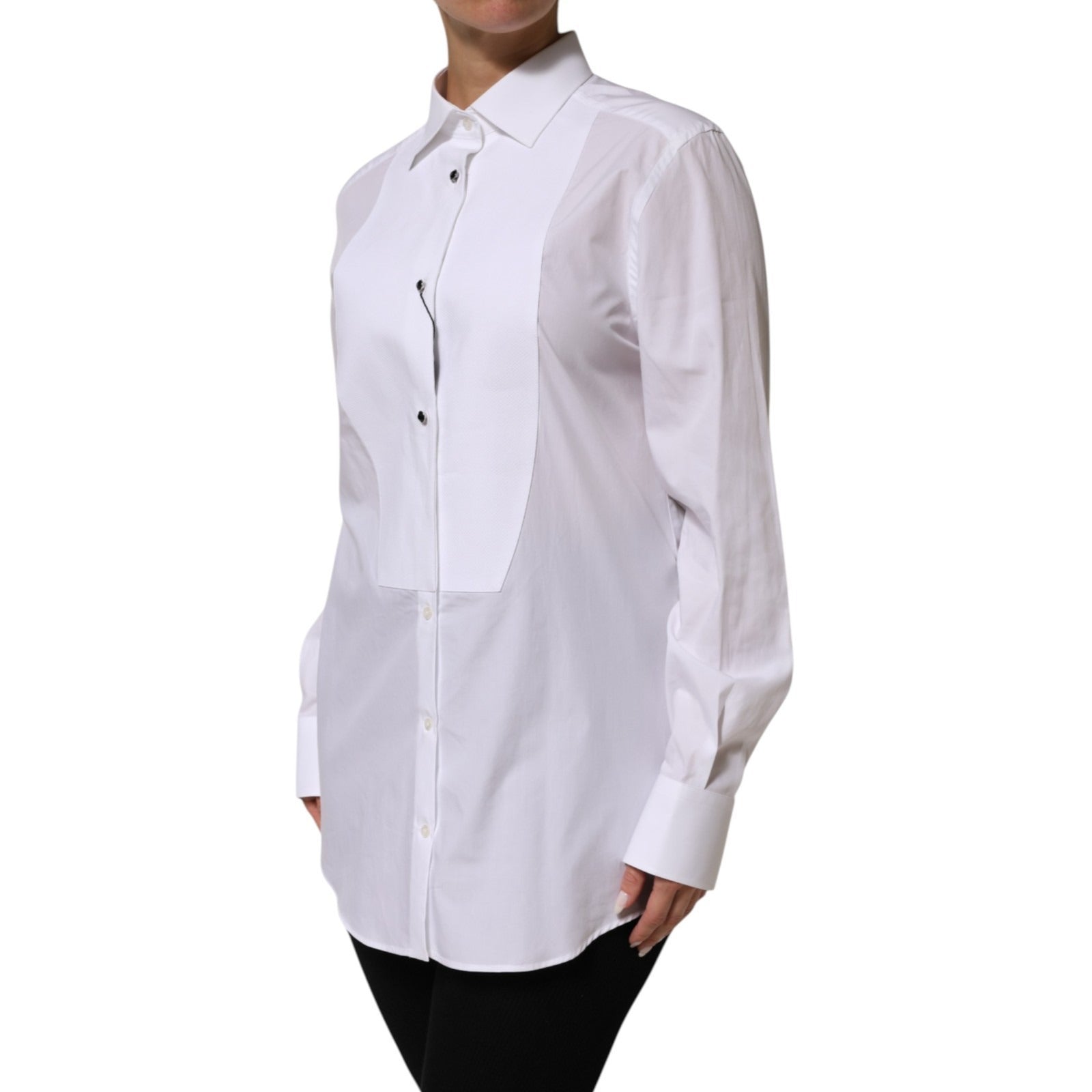 Chemise blanche en coton Dolce & Gabbana, chemise de smoking longue à manches longues, détails élégants, tissu de haute qualité.