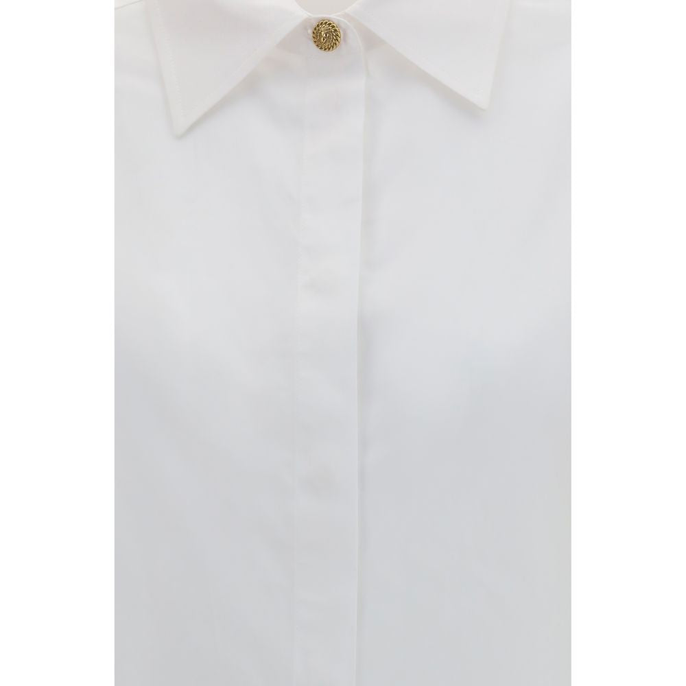 Chemise blanche en coton Balmain, regardez vue de face avec col classique et boutons élégants, pour homme.