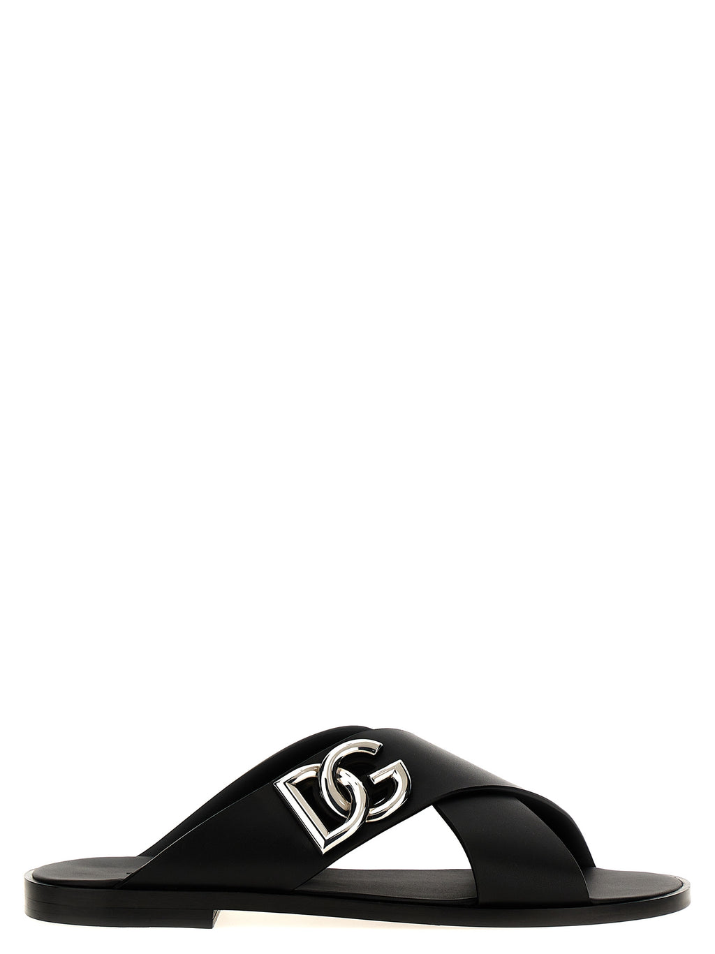 Sandales noires en cuir de veau de Dolce & Gabbana, élégantes et confortables, avec design en cuir lisse.