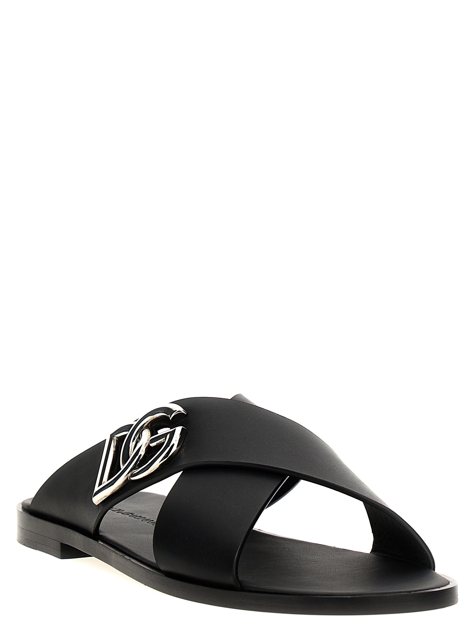 Sandales Dolce & Gabbana en cuir de veau noir, vue rapprochée montrant la texture et le design élégant.