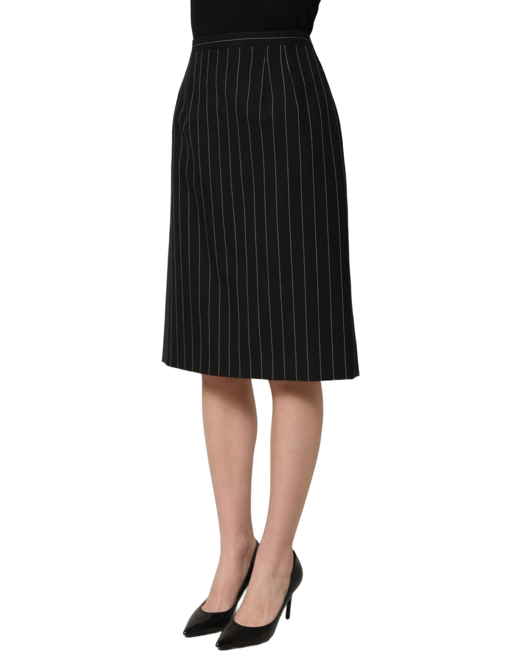 Jupe crayon noire à rayures fines à taille haute de Dolce & Gabbana, tissu élégant et coupe flatteuse.
