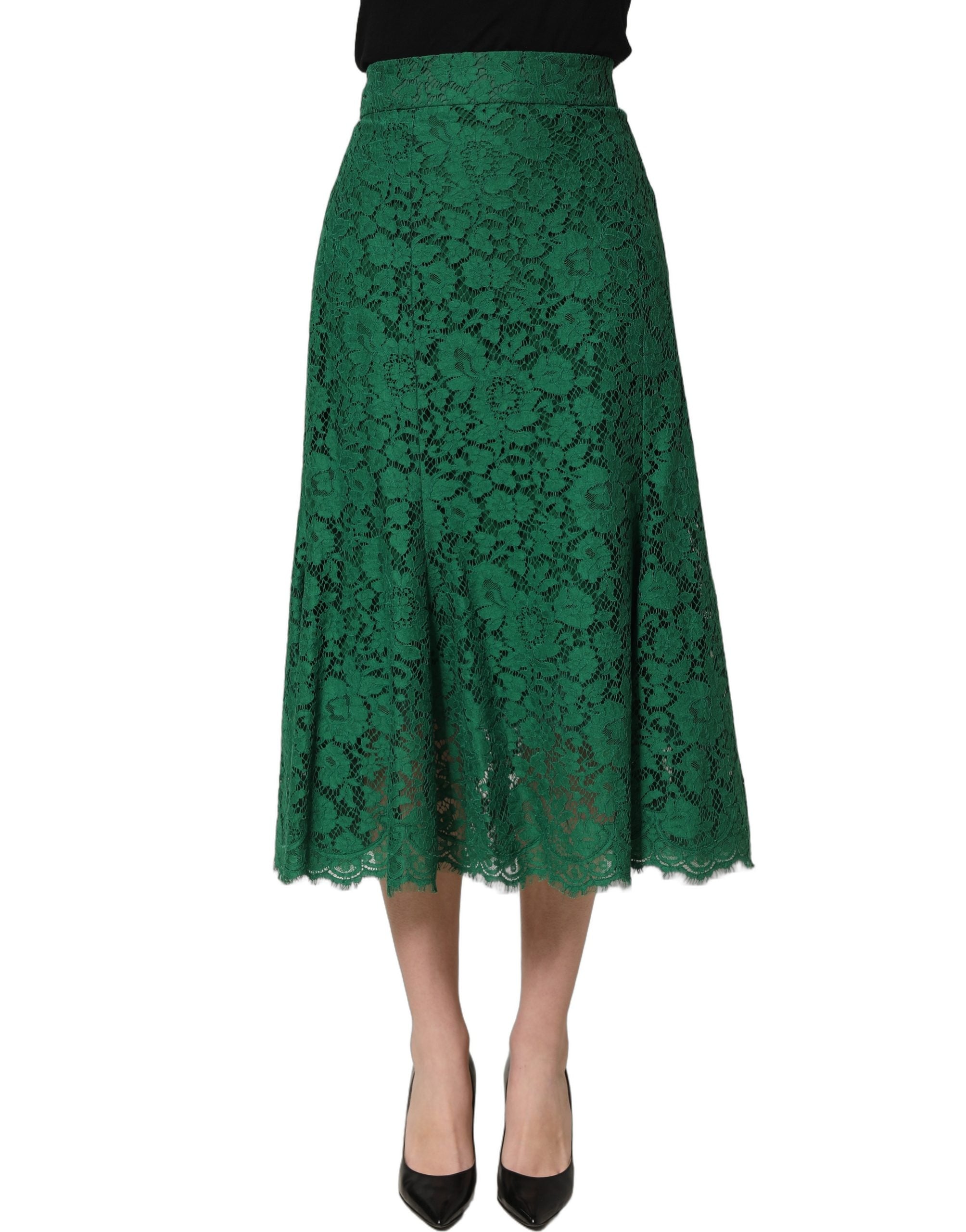 Jupe midi sirène en dentelle verte Dolce & Gabbana, haute taille, détails élégants, tissu fluide et finition raffinée.