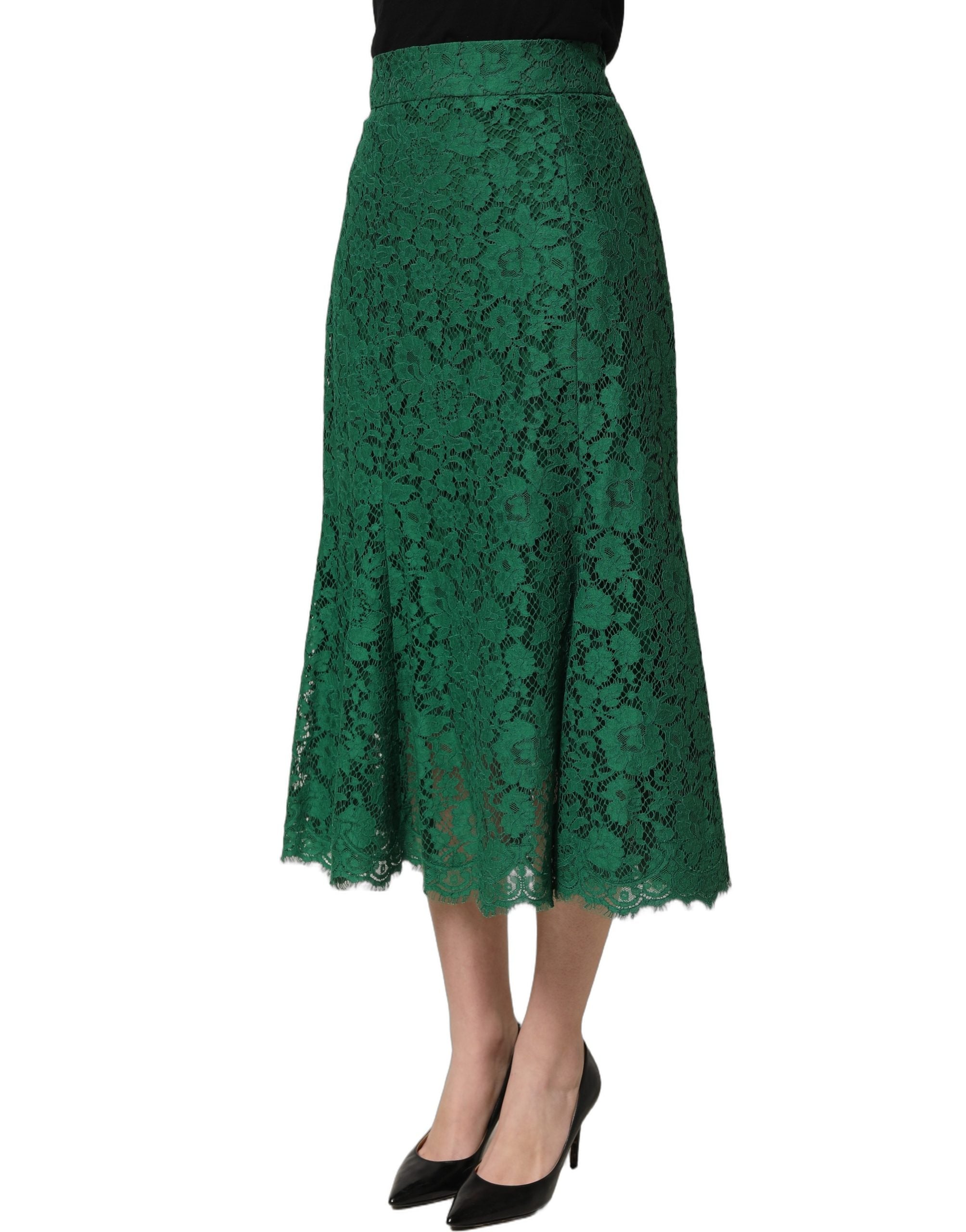 Jupe midi sirène en dentelle verte Dolce & Gabbana, haute taille, élégante et ajustée, avec détails sophistiqués.