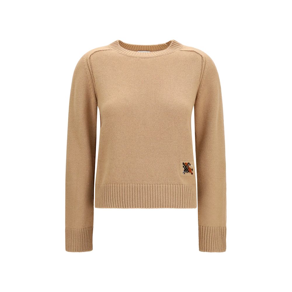Pull beige en cachemire Burberry avec col rond et manches longues, douceur luxueuse pour un style élégant.