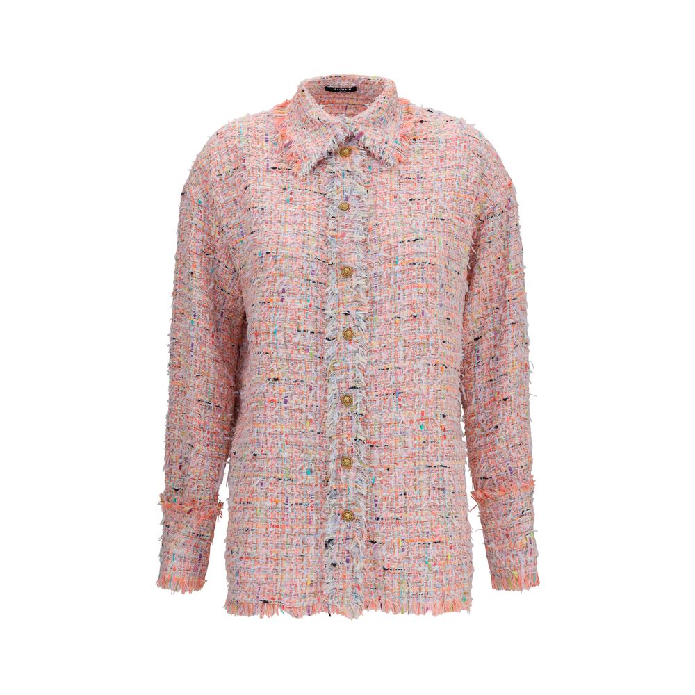 Chemise Balmain en polyamide multicolore avec motif, visible avec col et manches longues, style moderne et élégant.