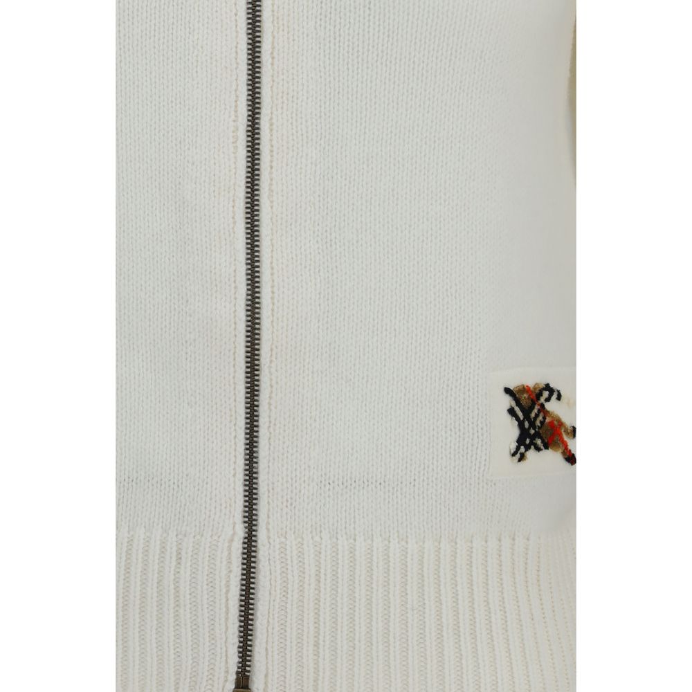 Pull à capuche beige en laine Burberry Oves Aries avec logo brodé, mode élégante et confortable.