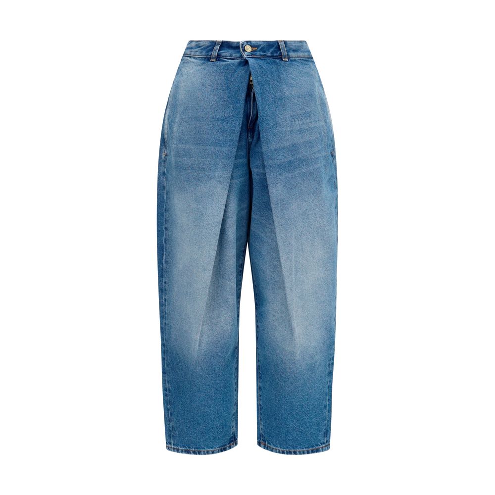 Jeans décontractés en coton bleu de la marque Balmain, coupe relaxée, visibles avec détails de couture et poches.
