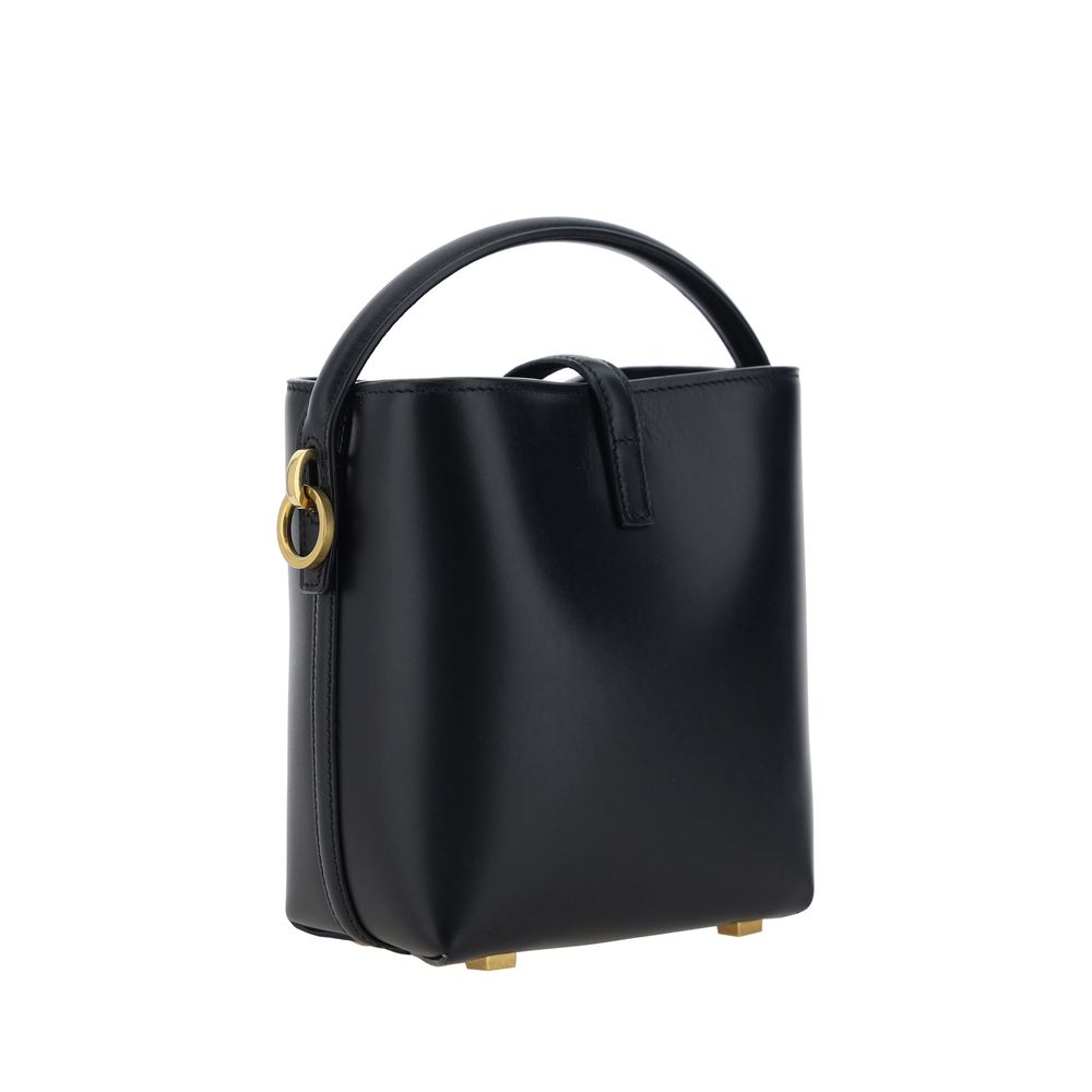 Sac à bandoulière en cuir de veau noir Saint Laurent Bos Taurus, design élégant et sophistiqué, photo montrant le sac en détail.