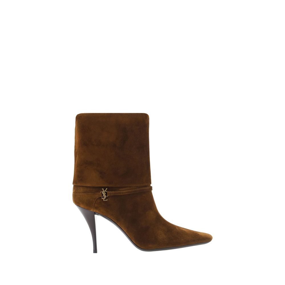 Bottes à talons hauts en cuir de veau marron Bos Taurus de Saint Laurent, mode élégante pour femmes.