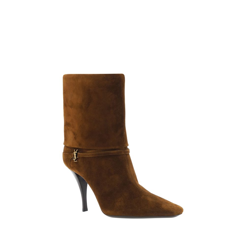 Bottes à talons hauts en cuir de veau marron Saint Laurent Bos Taurus, élégantes et sophistiquées, vues de face.