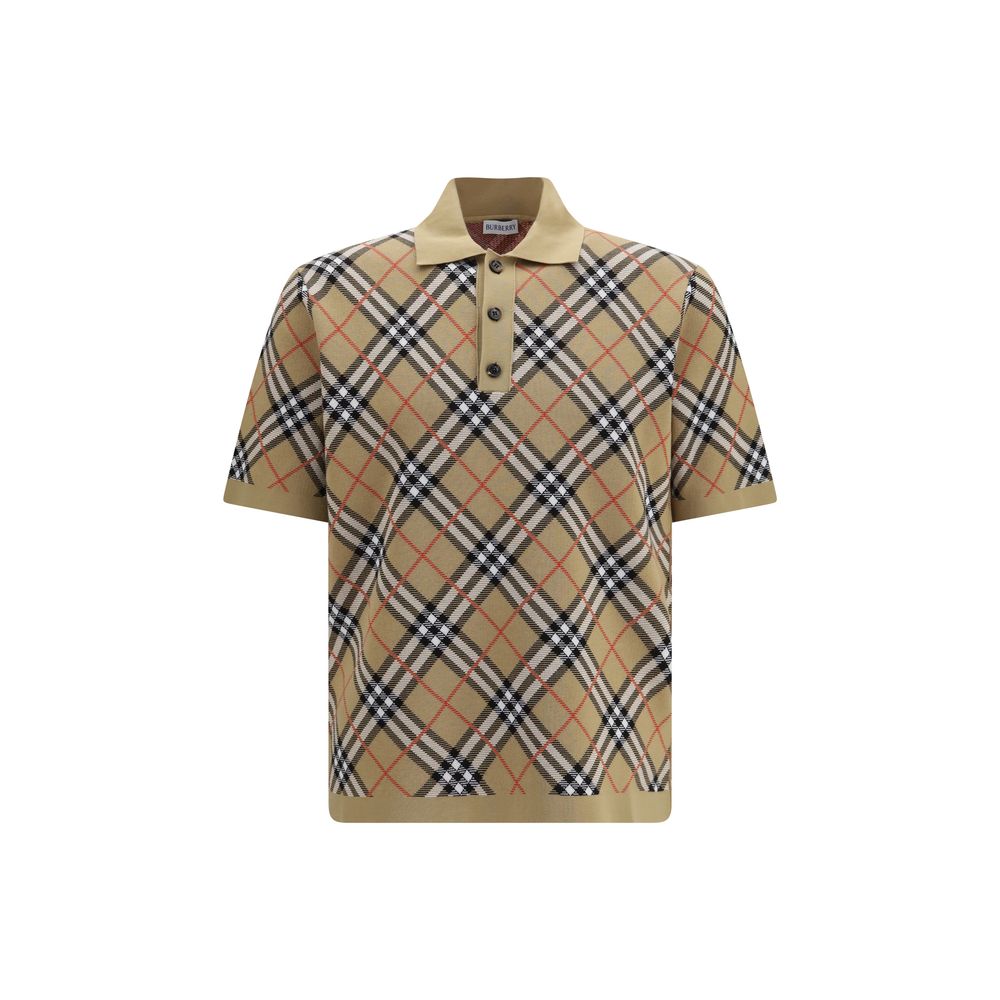 Chemise polo en coton beige Burberry avec col classique et logo brodé, vue de face.