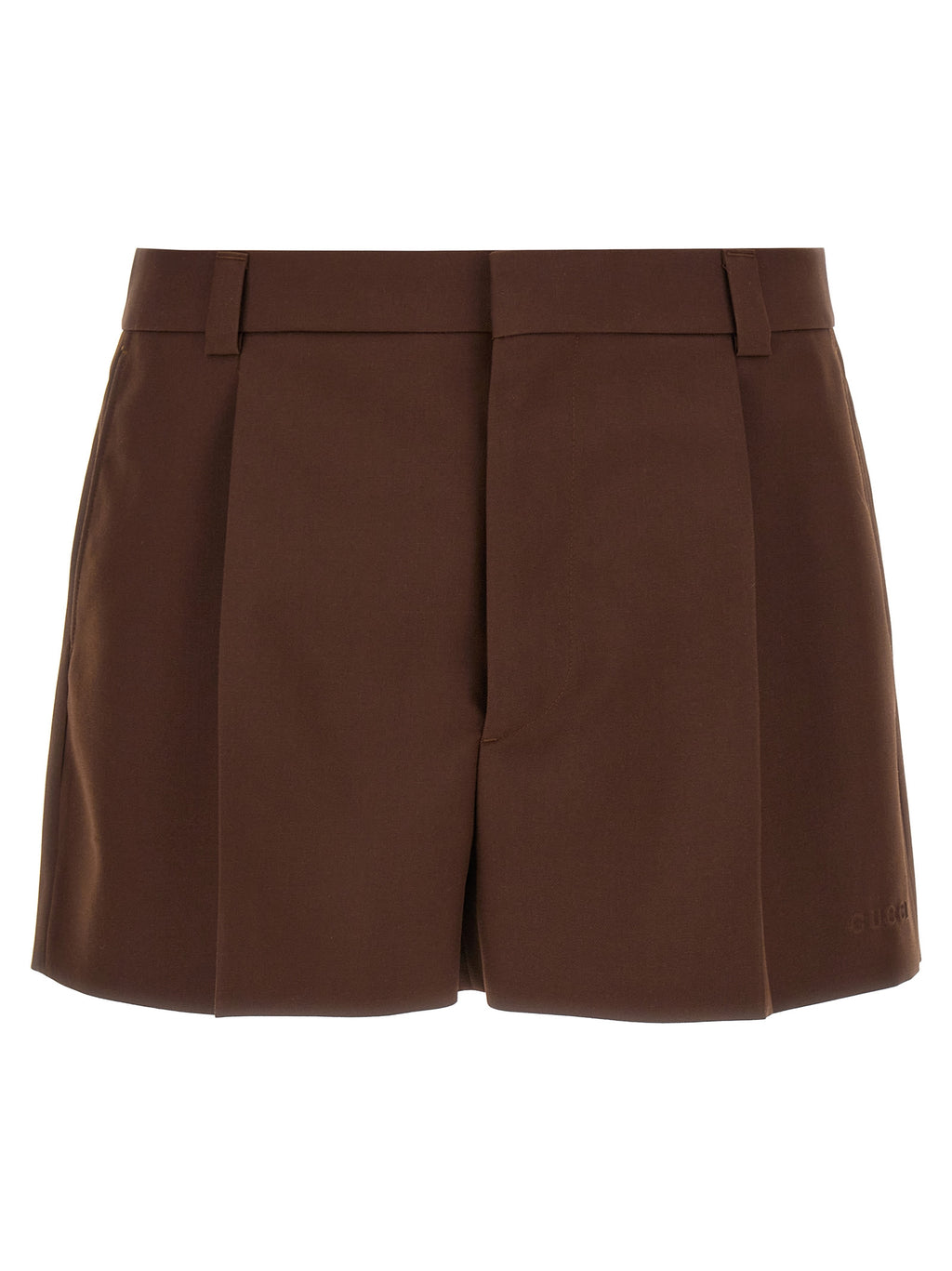Shorts Bermuda en laine marron Gucci, style décontracté avec ceinture à boucle, vue de face, tissu texturé.
