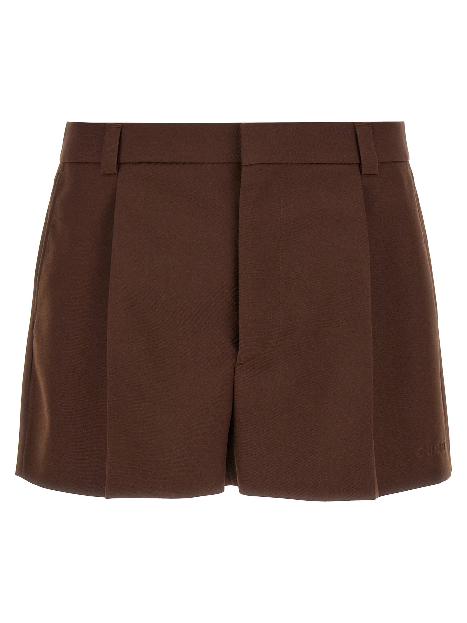 Shorts Bermuda en laine marron Gucci, style décontracté avec ceinture à boucle, vue de face, tissu texturé.