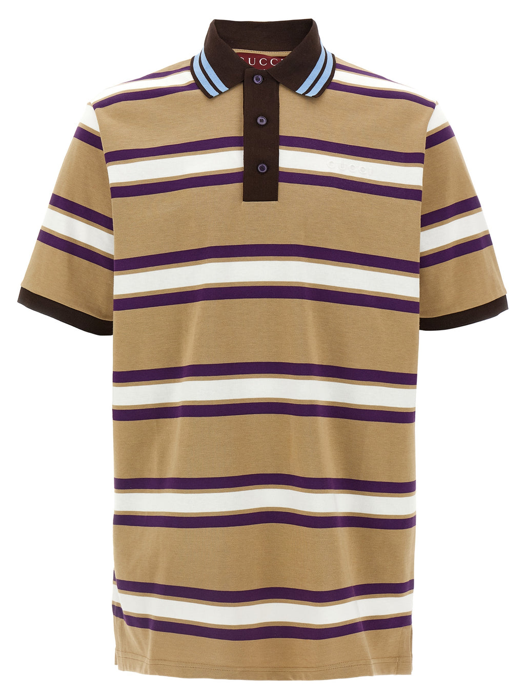 Chemise polo Gucci en coton multicolore avec logo, manches courtes et col en tissu, visible sur l'image.