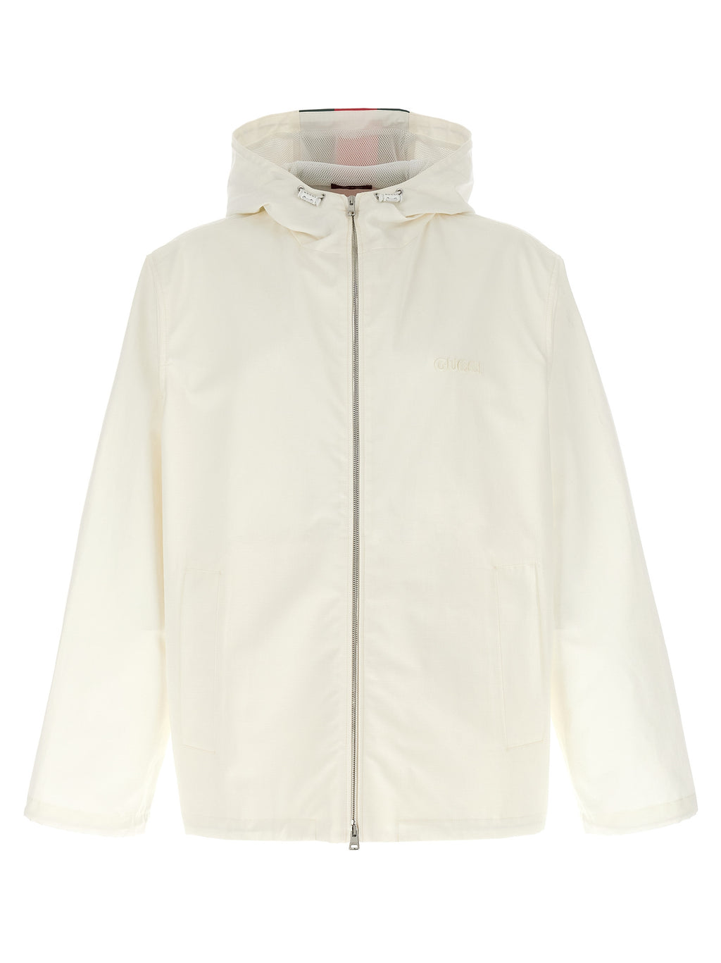 Veste en coton blanc Gucci, coupe Shell, avec détails de design élégants et logo Gucci visible sur le devant.