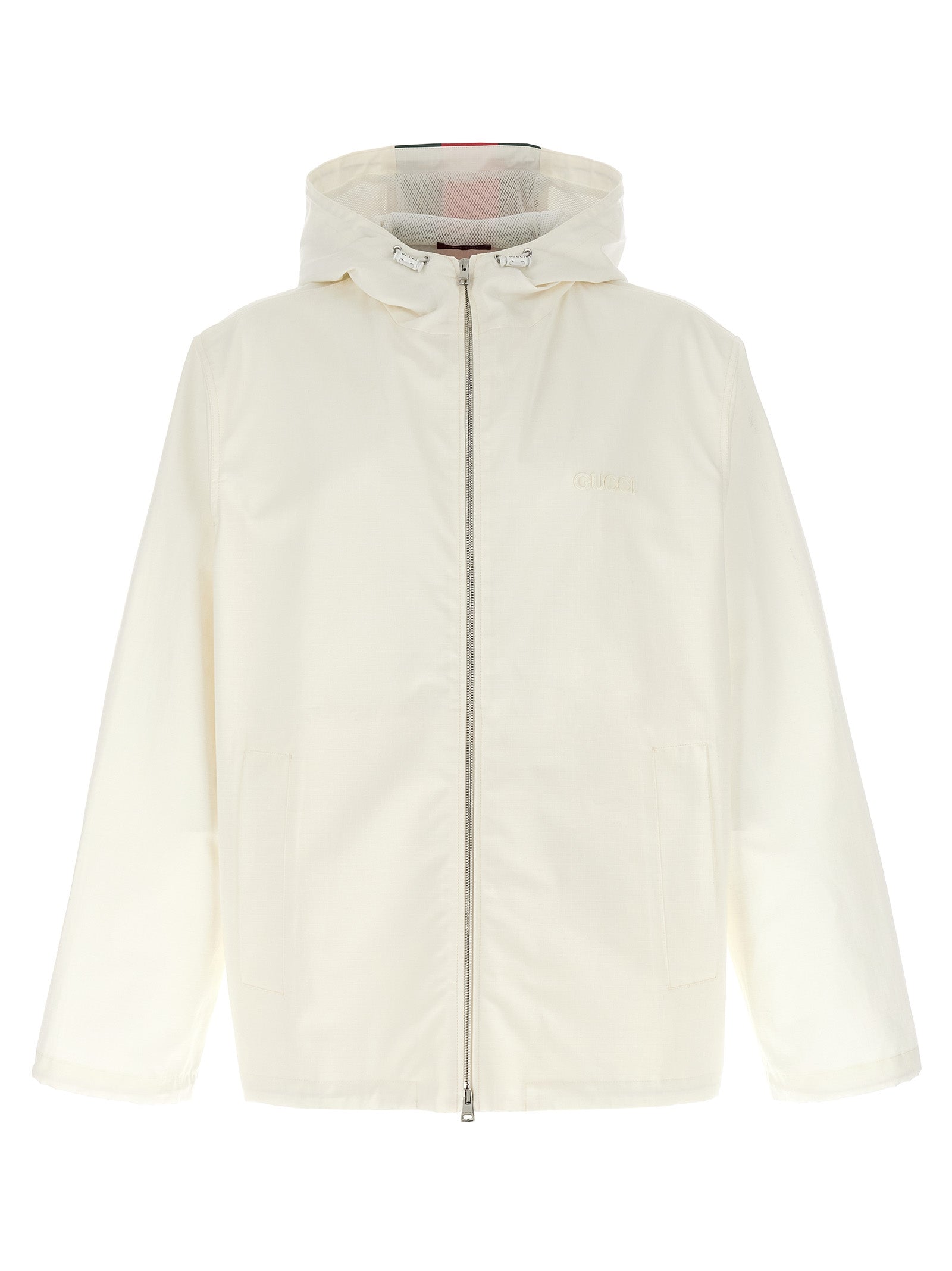 Veste en coton blanc Gucci, coupe Shell, avec détails de design élégants et logo Gucci visible sur le devant.