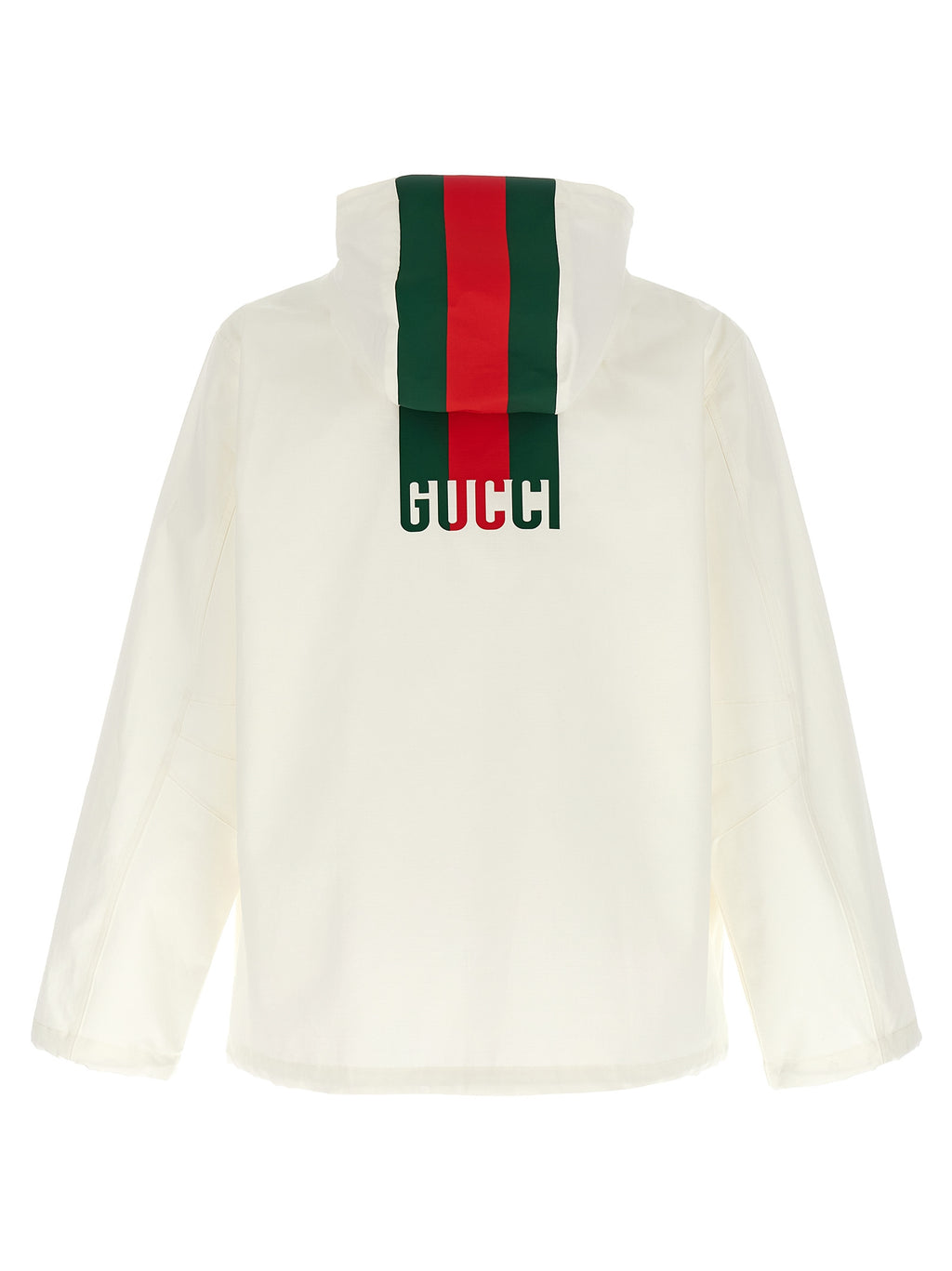 Veste en coton blanc Gucci, coupe décontractée, avec logo Gucci visible, détails de couture et fermeture éclair.