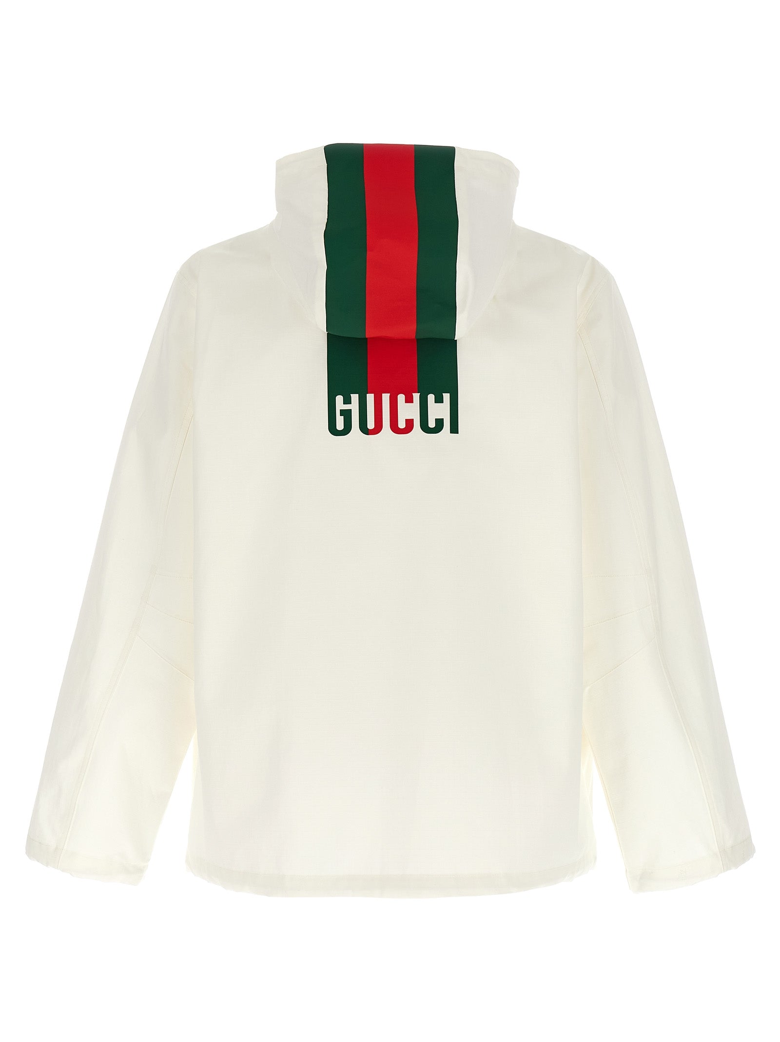 Veste en coton blanc Gucci, coupe décontractée, avec logo Gucci visible, détails de couture et fermeture éclair.