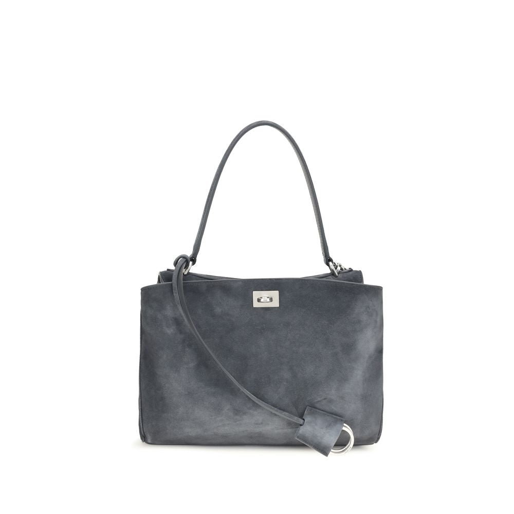 Sac à main Balenciaga en cuir de veau gris Bos Taurus avec logo emblématique, élégant et sophistiqué.