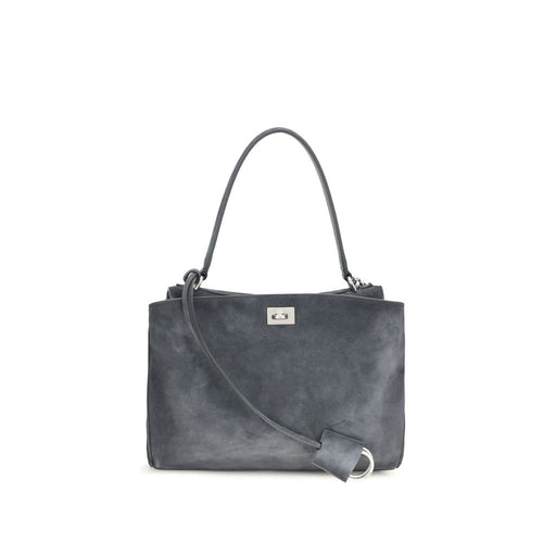 Sac à main Balenciaga en cuir de veau gris Bos Taurus avec logo emblématique, élégant et sophistiqué.