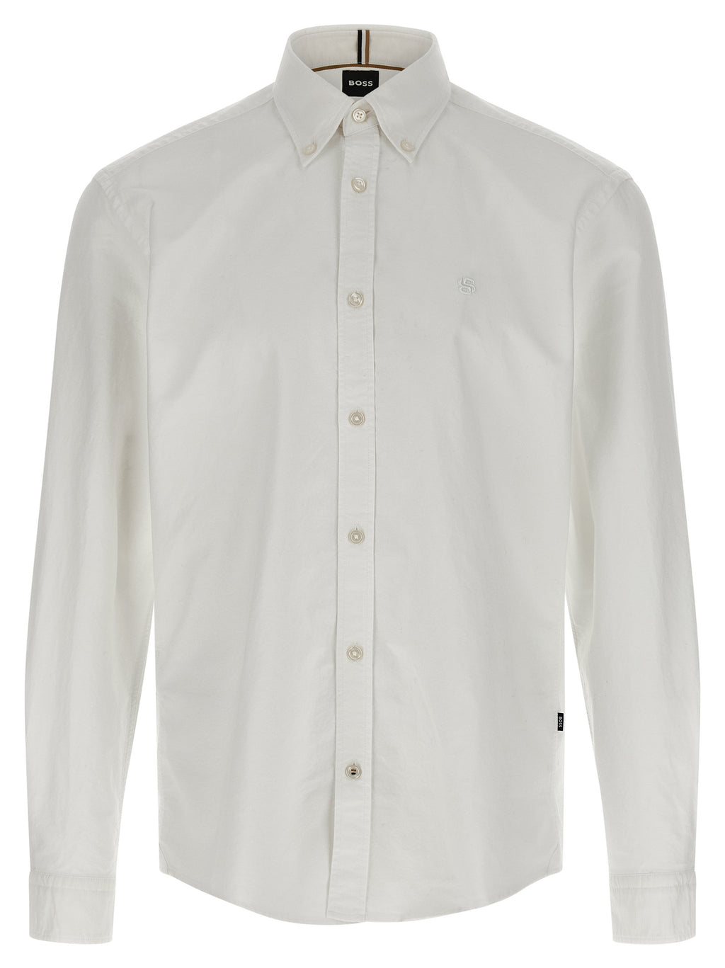 Chemise blanche en coton de la marque Hugo Boss, vue de face, détails du col et des manches visibles.