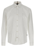 Chemise blanche en coton de la marque Hugo Boss, vue de face, détails du col et des manches visibles.