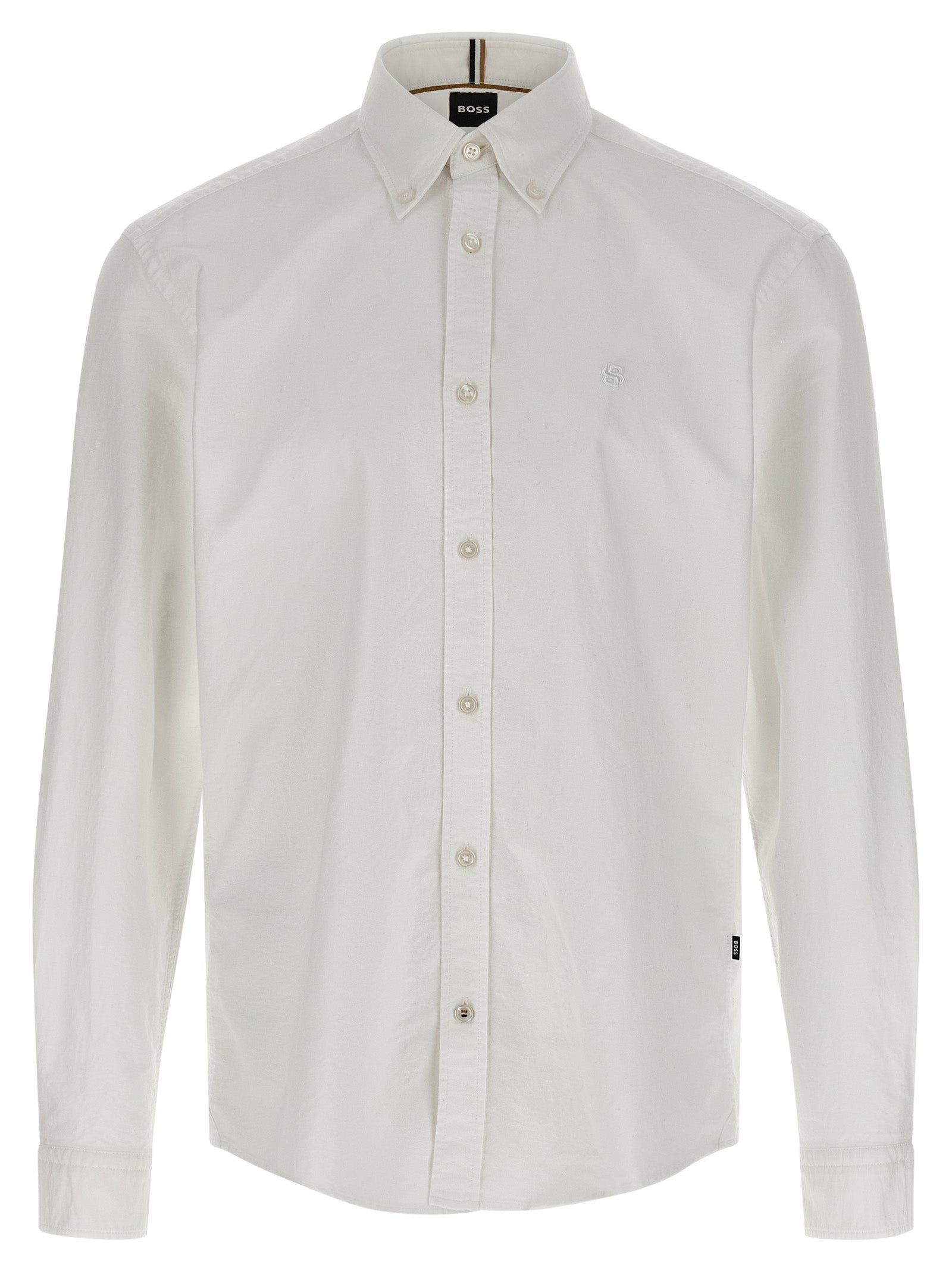 Chemise blanche en coton de la marque Hugo Boss, vue de face, détails du col et des manches visibles.