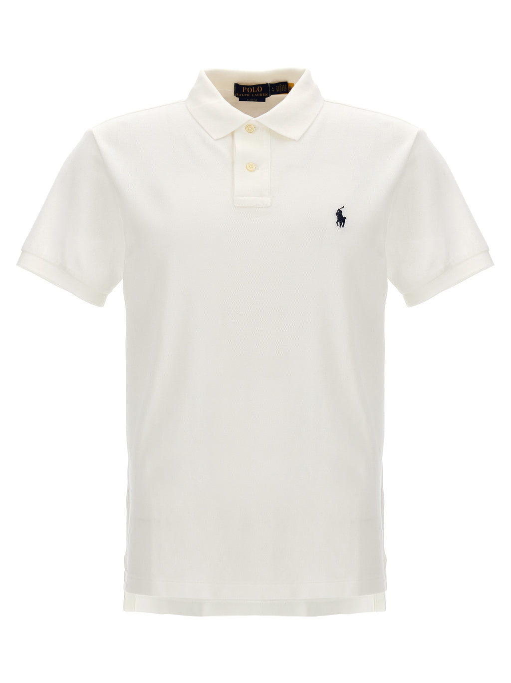 Chemise polo Ralph Lauren en coton blanc, classique et élégante, avec col et boutons, vue de face.