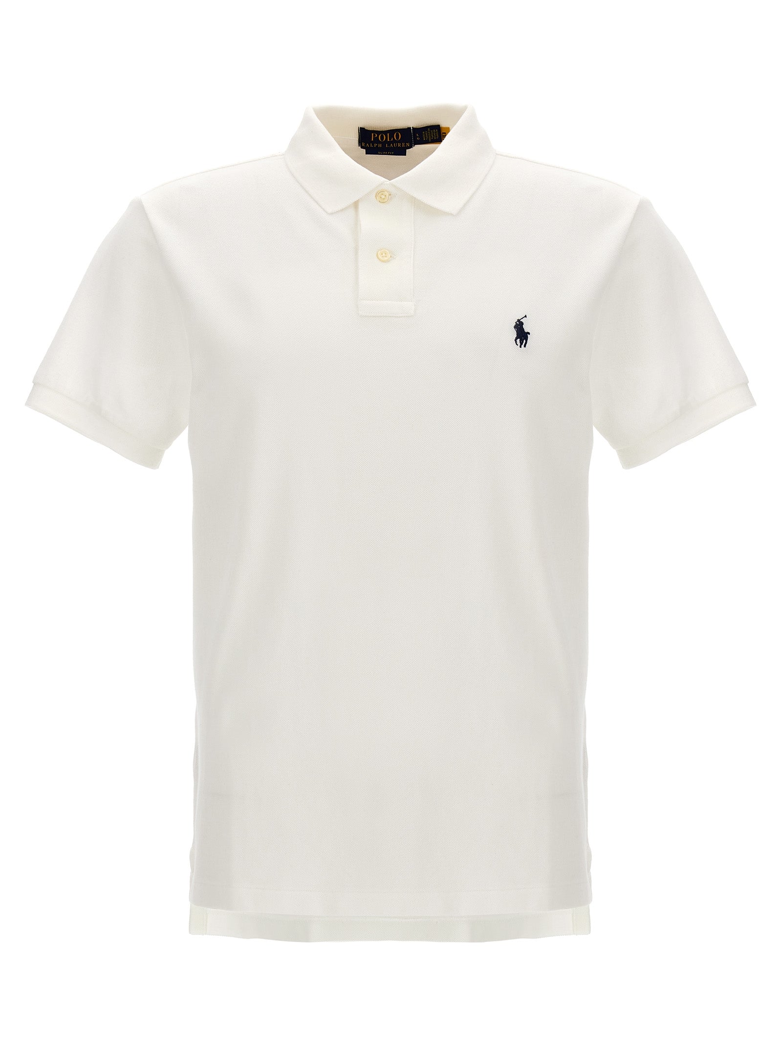Chemise polo Ralph Lauren en coton blanc, classique et élégante, avec col et boutons, vue de face.