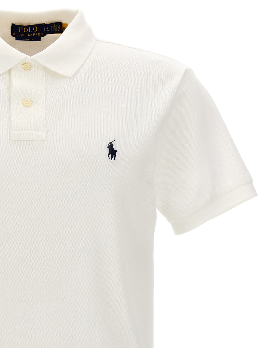 Chemise polo blanche en coton de Ralph Lauren, col classique, logo brodé sur la poitrine, vue de face.