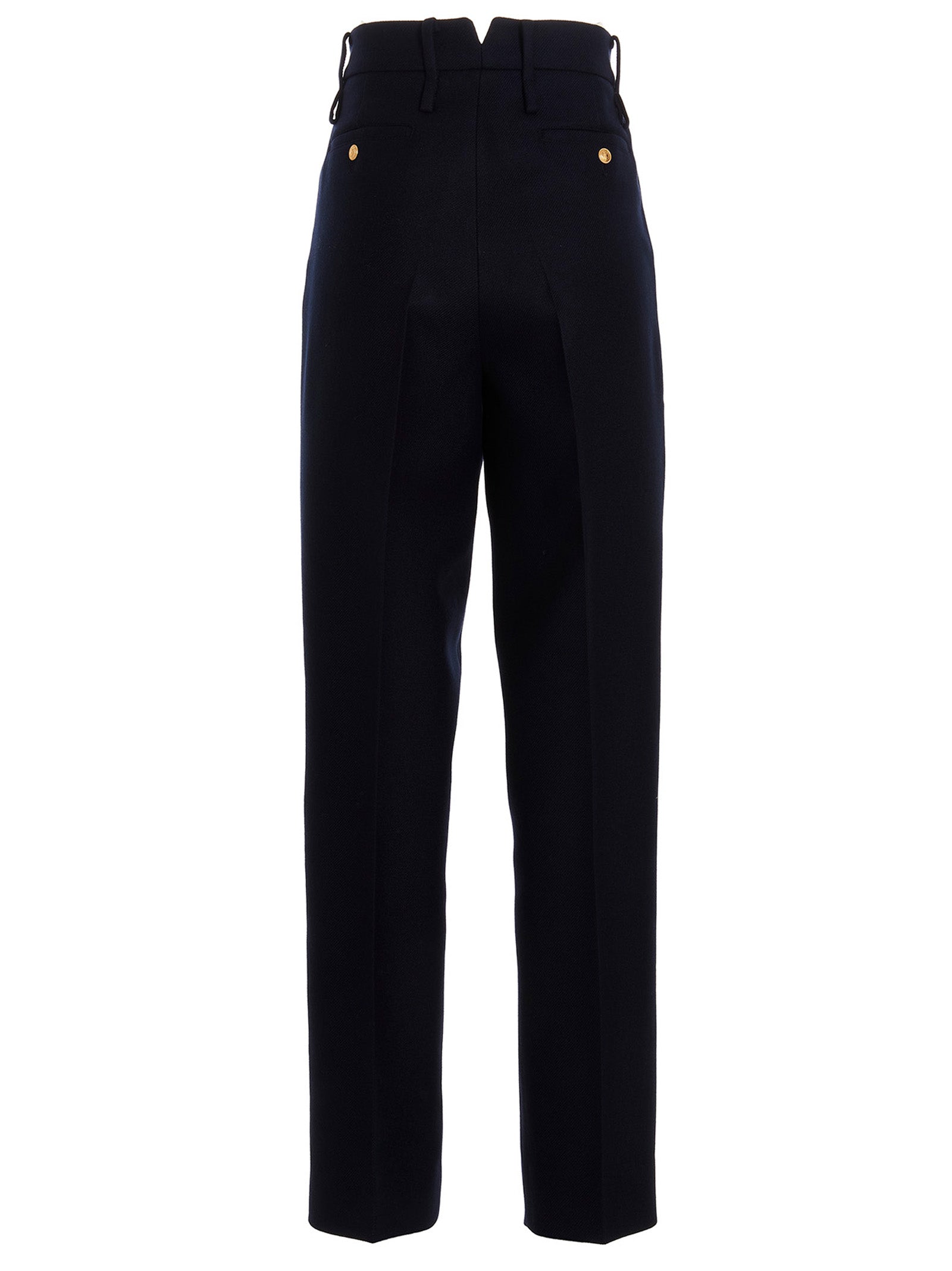 Pantalons décontractés en cachemire bleu Gucci, coupe confortable et élégante, visibles avec détails de couture.