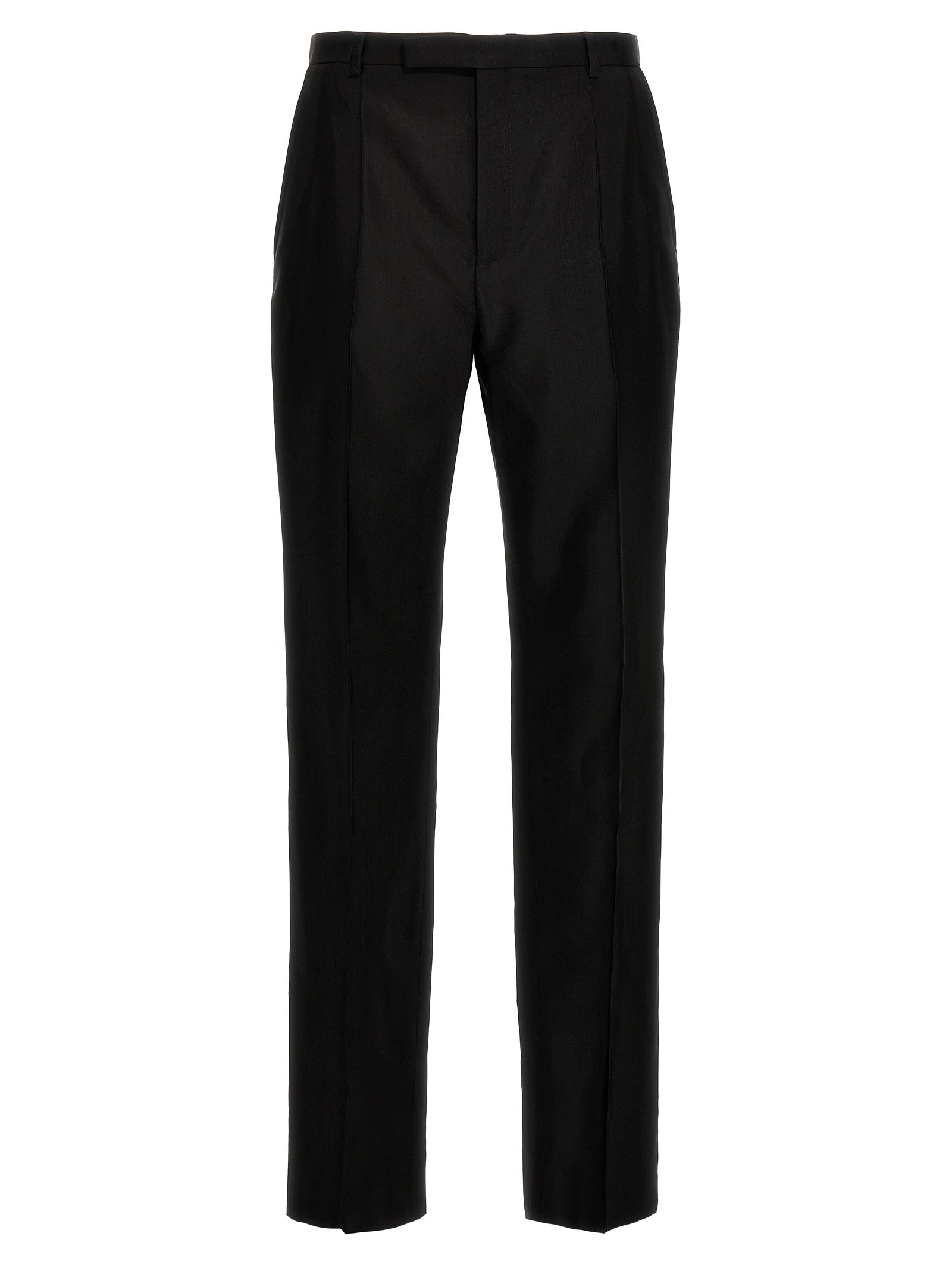 Pantalon de costume noir en acétate de la marque Saint Laurent, vue en détail sur fond blanc.